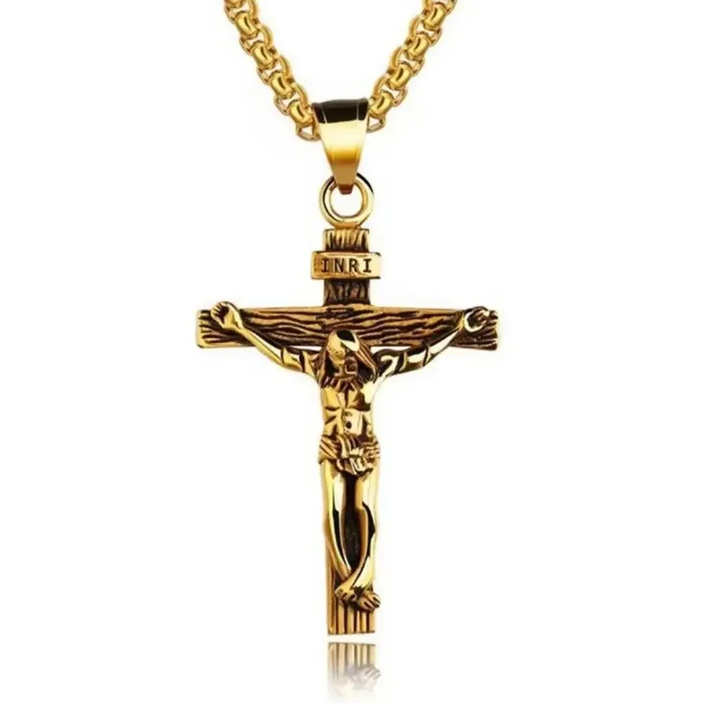 Gold Crucifix Cross Necklace Jesus Vintage INRI Anniversary Birthday Gift NEW